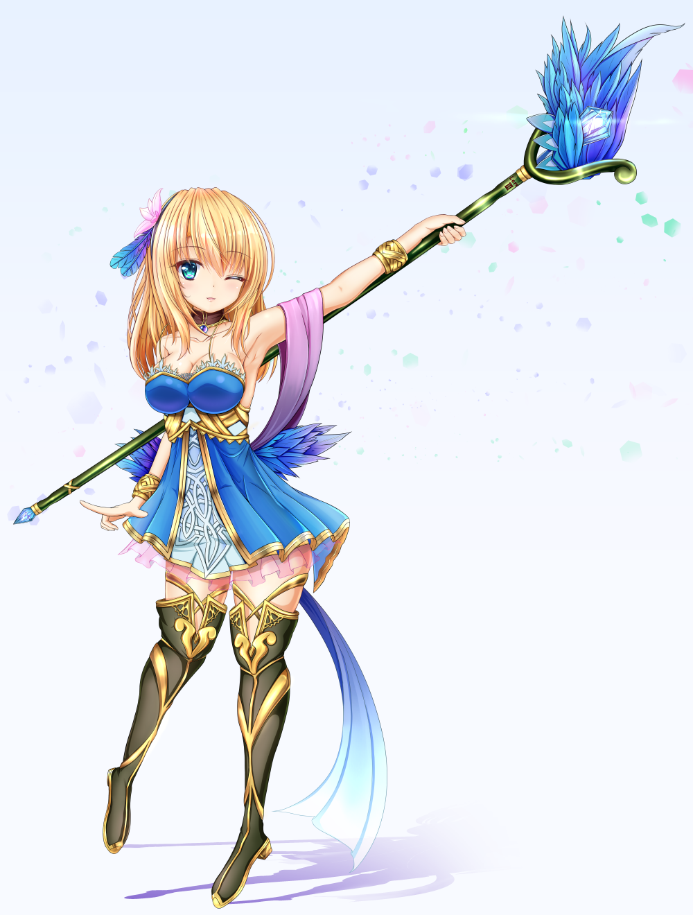 aneten, le fay lore, emil chronicle online, highres, 1girl, armpits, blonde hair, blue dress, blue eyes, blue wings, boots, breasts, brown boots, brown choker, choker, cleavage, dress, flower, frilled dress, frills, gold wrist cuffs, hair flower, hair ornament, holding, holding staff, large breasts, long hair, one eye closed, see-through clothes, see-through dress, sleeveless, sleeveless dress, solo, staff, standing, standing on one leg, thigh boots, white background, wings