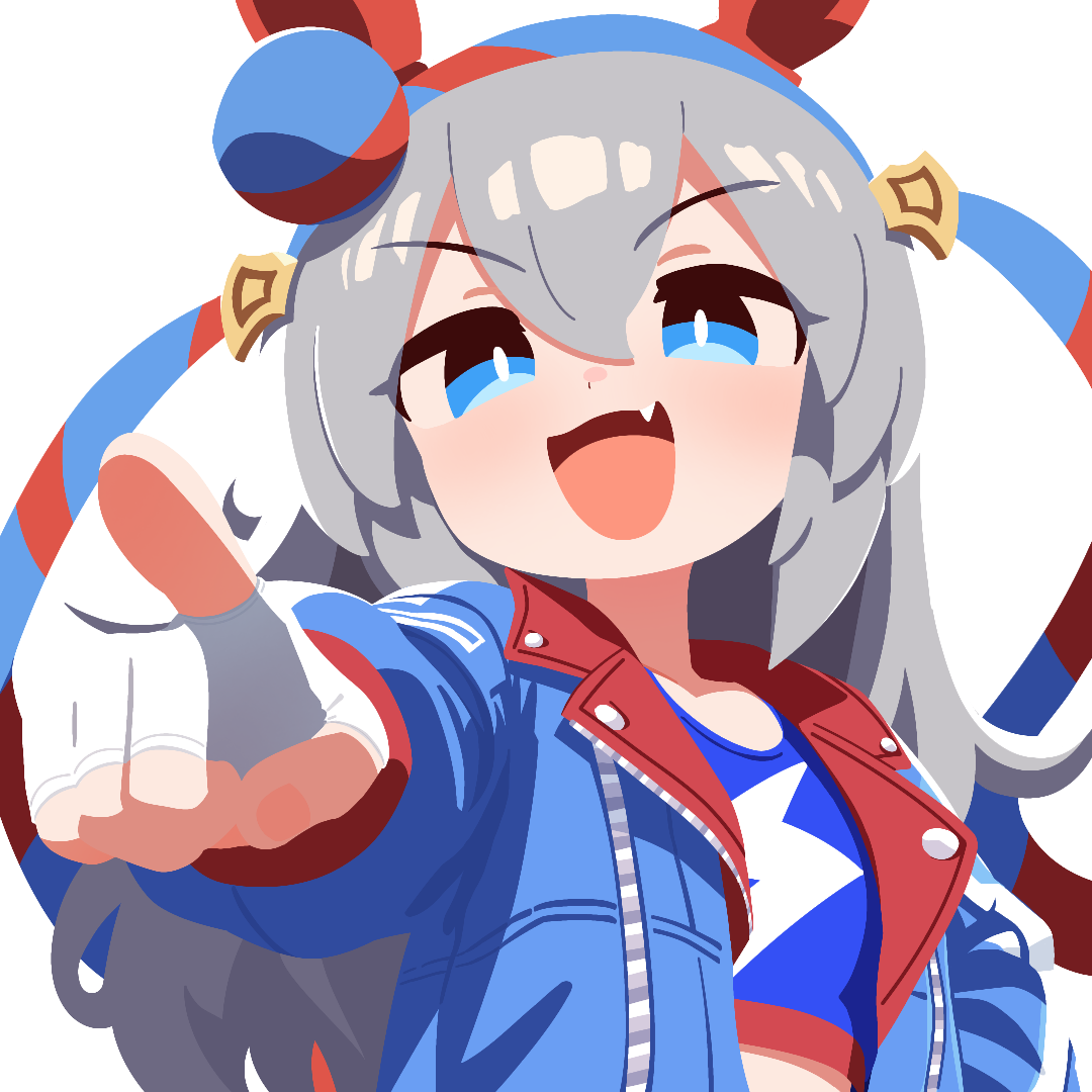 tamamo cross (umamusume), umamusume, 1girl, animal ears, blue eyes, blue hairband, blue jacket, blue shirt, cropped shirt, double-parted bangs, ear covers, fang, fingerless gloves, gloves, grey hair, hair between eyes, hairband, horse ears, horse girl, jacket, long hair, looking at viewer, no lineart, open mouth, pointing, pointing at viewer, shirt, smile, solo, transparent background, v-shaped eyebrows, waonaolmao, white gloves