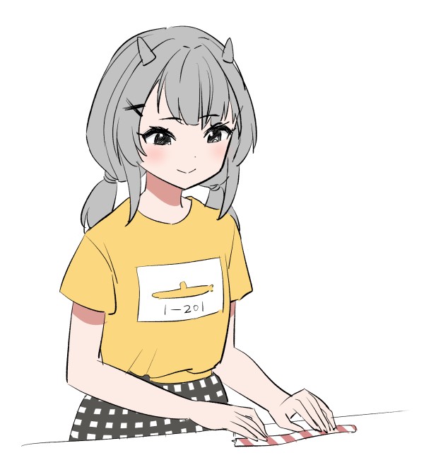 tamu (mad works), i-201 (kancolle), kantai collection, 1girl, black skirt, fake horns, gingham skirt, grey eyes, grey hair, hair ornament, horned headwear, horns, i-201 (kure) (kancolle), long hair, low twintails, official alternate costume, orange shirt, rope, shirt, simple background, skirt, smile, solo, twintails, white background, x hair ornament