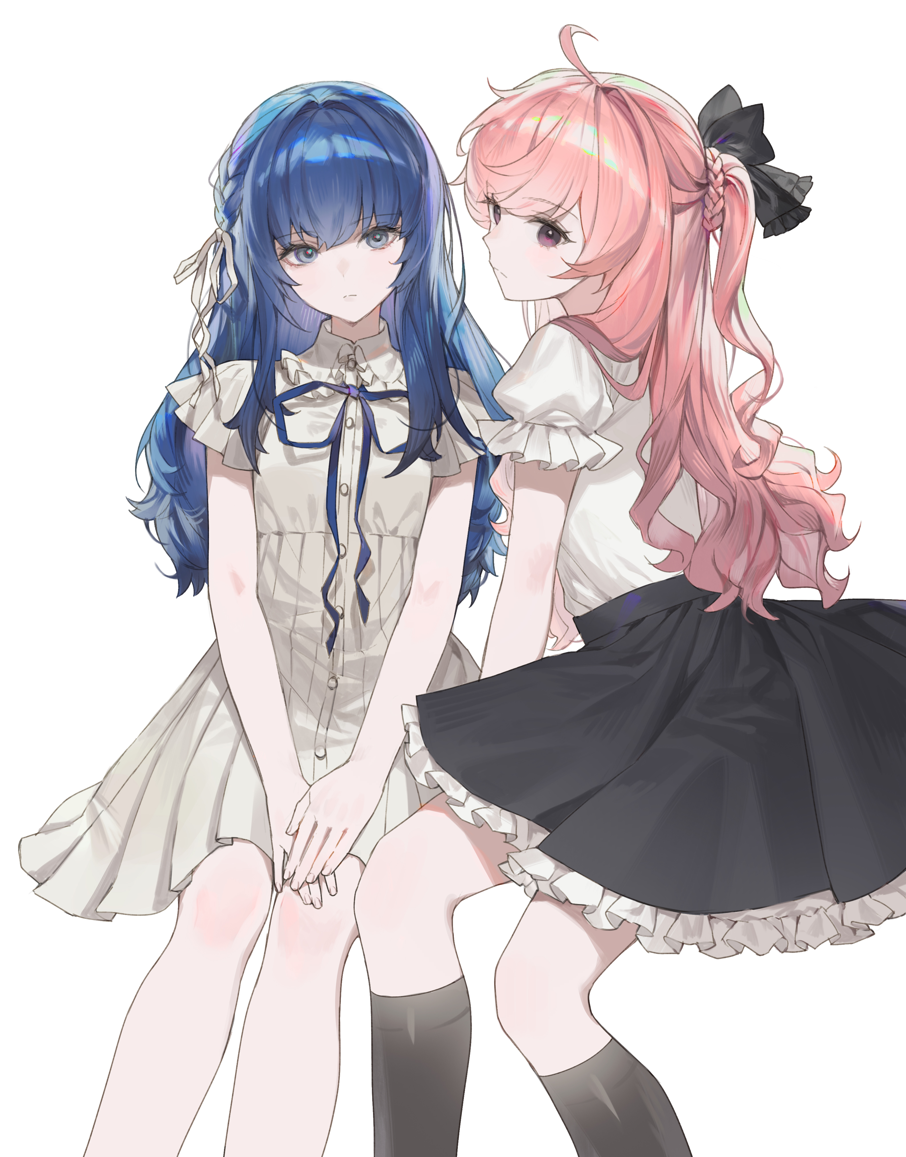 somok, original, absurdres, commentary, highres, 2girls, ahoge, black ribbon, black skirt, black socks, blue eyes, blue hair, closed mouth, collared dress, dress, feet out of frame, frilled shirt collar, frilled skirt, frilled sleeves, frills, hair ribbon, long hair, multiple girls, pink eyes, pink hair, ribbon, shirt, short sleeves, simple background, skirt, socks, white background, white dress, white shirt