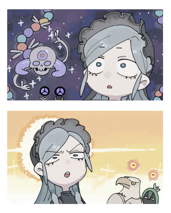 sido (slipknot), guardian (elden ring), ironeye (elden ring), revenant (elden ring), elden ring, elden ring nightreign, 1girl, blue eyes, braid, dress, hood, jewelry, long hair, looking at viewer, low twin braids, meme, open mouth, star (sky), twin braids, weapon, white hair
