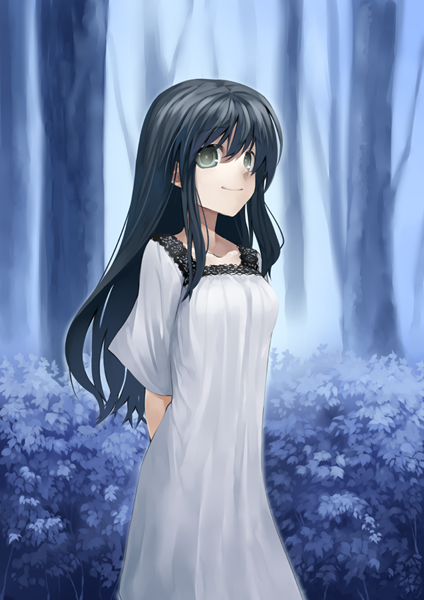 murata taichi, original, 1girl, black hair, dress, female focus, forest, long hair, nature, night, smile, solo, standing, tree
