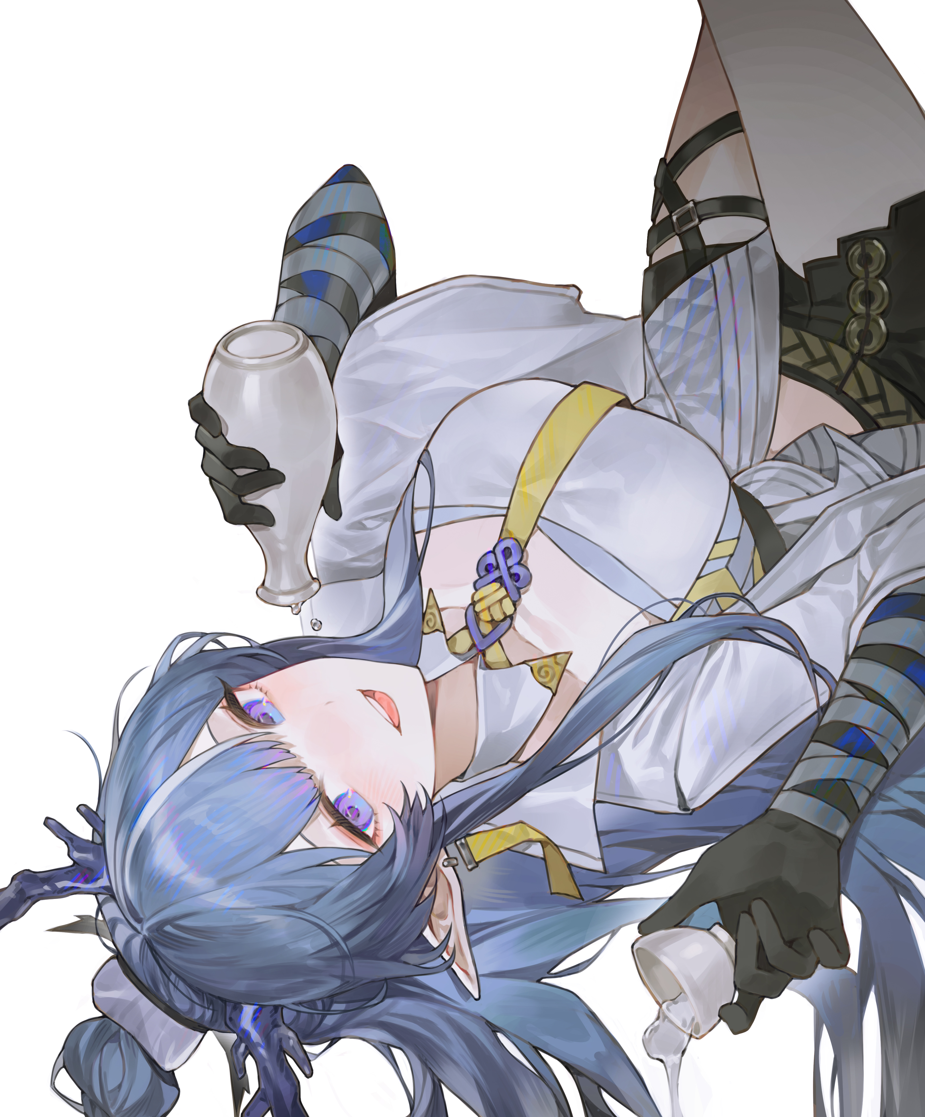 somok, ling (arknights), arknights, absurdres, commentary, highres, 1girl, black gloves, black shorts, blue hair, breasts, collared shirt, cup, gloves, holding, holding cup, holding vase, jacket, large breasts, long hair, long sleeves, looking at viewer, necktie, open clothes, open jacket, open mouth, purple eyes, shirt, shorts, simple background, smile, solo, white background, white jacket, white shirt, yellow necktie