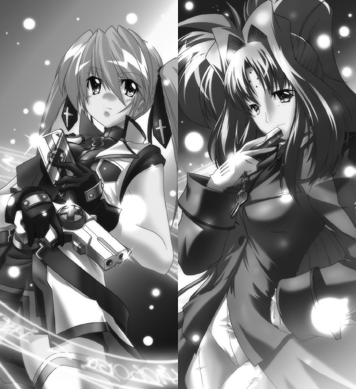 45acp, cross mirage, lindy harlaown, teana lanster, lyrical nanoha, mahou shoujo lyrical nanoha, mahou shoujo lyrical nanoha strikers, 00s, 2girls, dual wielding, facial mark, forehead mark, greyscale, gun, holding, monochrome, multiple girls, weapon