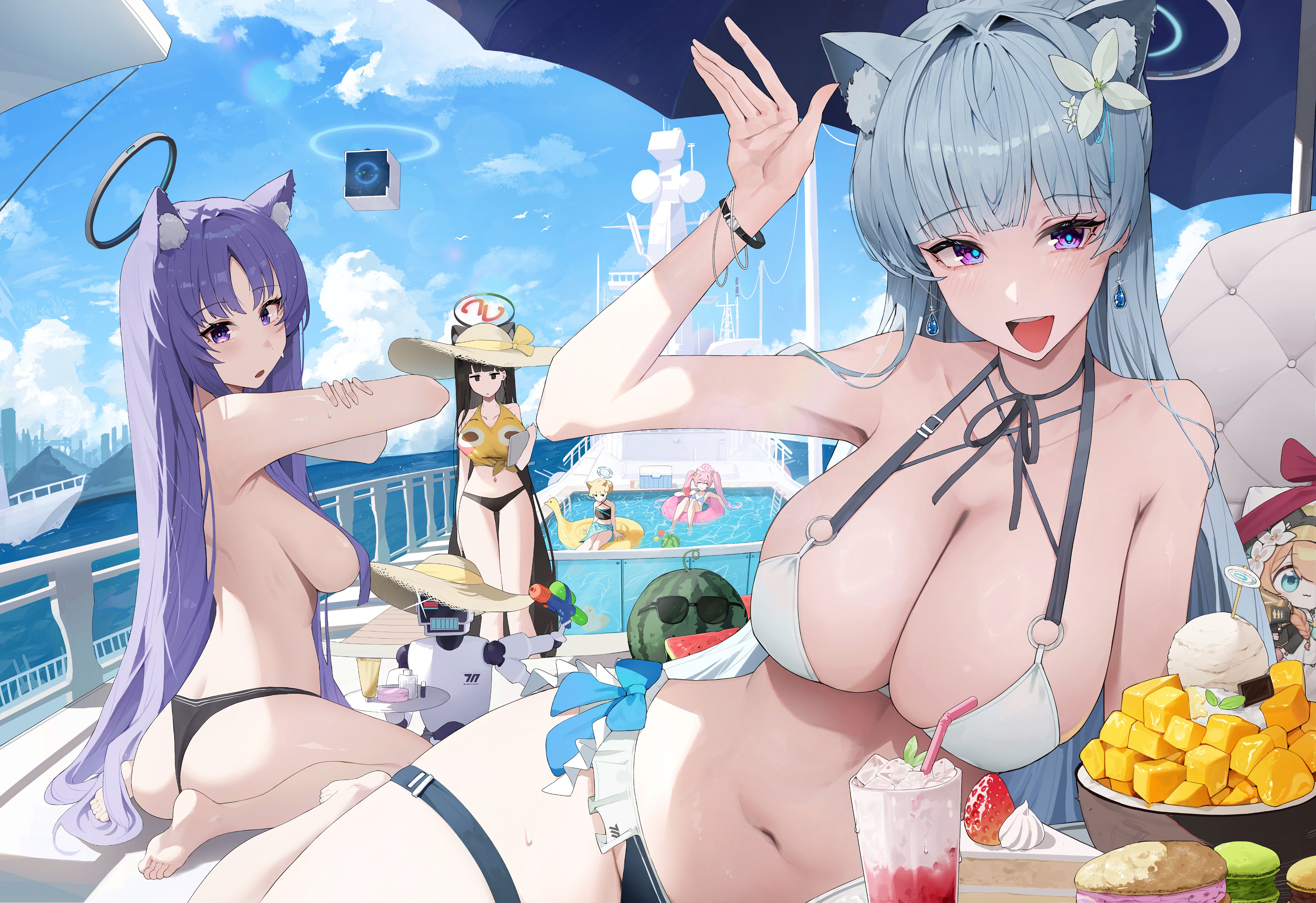 josal, avant garde (blue archive), koyuki (blue archive), mari (blue archive), noa (blue archive), rio (blue archive), toki (blue archive), yuuka (blue archive), blue archive, absurdres, food request, highres, 5girls, animal ear fluff, animal ear headwear, animal ears, applying sunscreen, armpit crease, armpits, bikini, bikini bottom only, bird, black bikini, black hair, black halo, blonde hair, blue bikini, blue bow, blue eyes, blunt bangs, boat, bow, bracelet, braid, breasts, cake, cat ears, cleavage, cloud, cloudy sky, couch, drone, earrings, ears through headwear, fake animal ears, flower, food, fruit, grey hair, hair bun, hair flower, hair ornament, halo, hat, holding, holding tablet pc, holding tray, holding water gun, ice cream, innertube, jewelry, long hair, looking at viewer, looking back, macaron, mechanical halo, multiple girls, navel, nun, o-ring, o-ring top, on couch, on innertube, open mouth, orange hair, parted bangs, partially submerged, pink hair, pink halo, pool, purple eyes, purple hair, ribbon, robot, sarong, seagull, seminar (blue archive), ship, short hair, side braid, sideboob, single hair bun, sitting, sky, standing, straw hat, strawberry, sun hat, sunglasses, sweat, swim ring, swimsuit, tablet pc, thigh strap, tray, twintails, umbrella, very long hair, wariza, water cooler, water gun, watercraft, watermelon, waving, whipped cream, white bikini, white halo, yellow ribbon