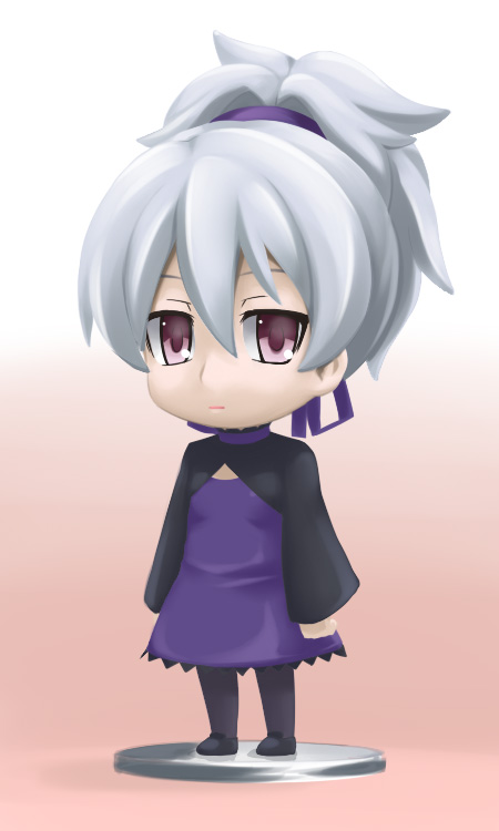 youkan, yin (darker than black), darker than black, silver hair, bad id, bad pixiv id, 00s, 1girl, chibi, dress, female focus, pantyhose, ponytail, purple dress, solo
