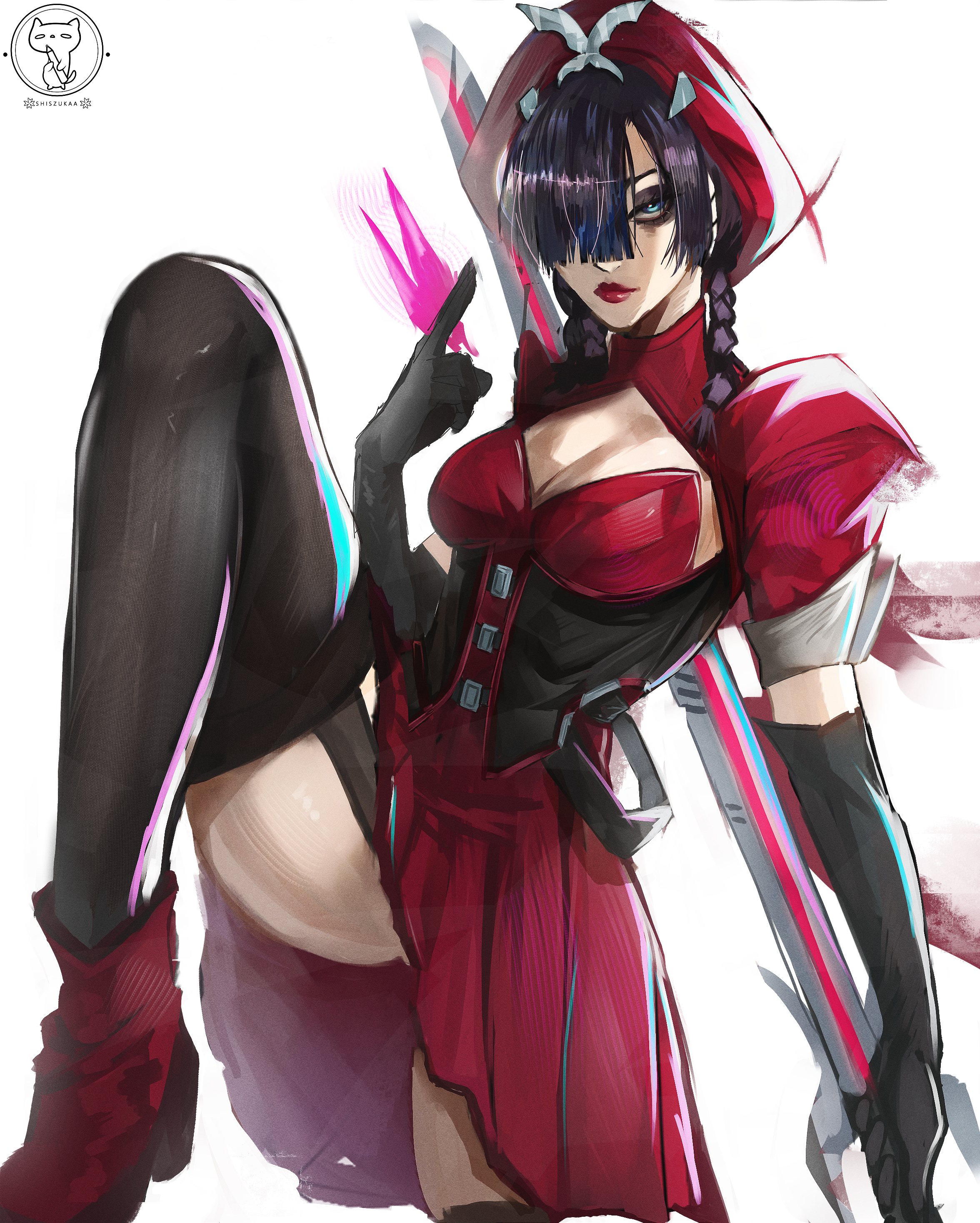 shiszukaa, psylocke, psylocke (blood kariudo), marvel, marvel rivals, x-men, absurdres, highres, 1girl, black gloves, black hair, blue eyes, braid, breasts, bug, butterfly, dress, elbow gloves, gloves, hair over one eye, hat, insect, large breasts, long hair, looking at viewer, official alternate costume, red dress, red hat, short sleeves, skirt, solo, twin braids, weapon