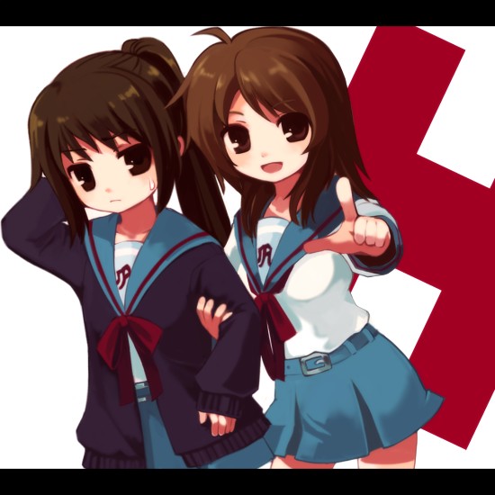 chaba (hortensia), koizumi itsuki, koizumi itsuki (female), kyon, kyonko, suzumiya haruhi no yuuutsu, bad id, bad pixiv id, 00s, 2girls, cardigan, genderswap, genderswap (mtf), multiple girls, ponytail, school uniform, serafuku