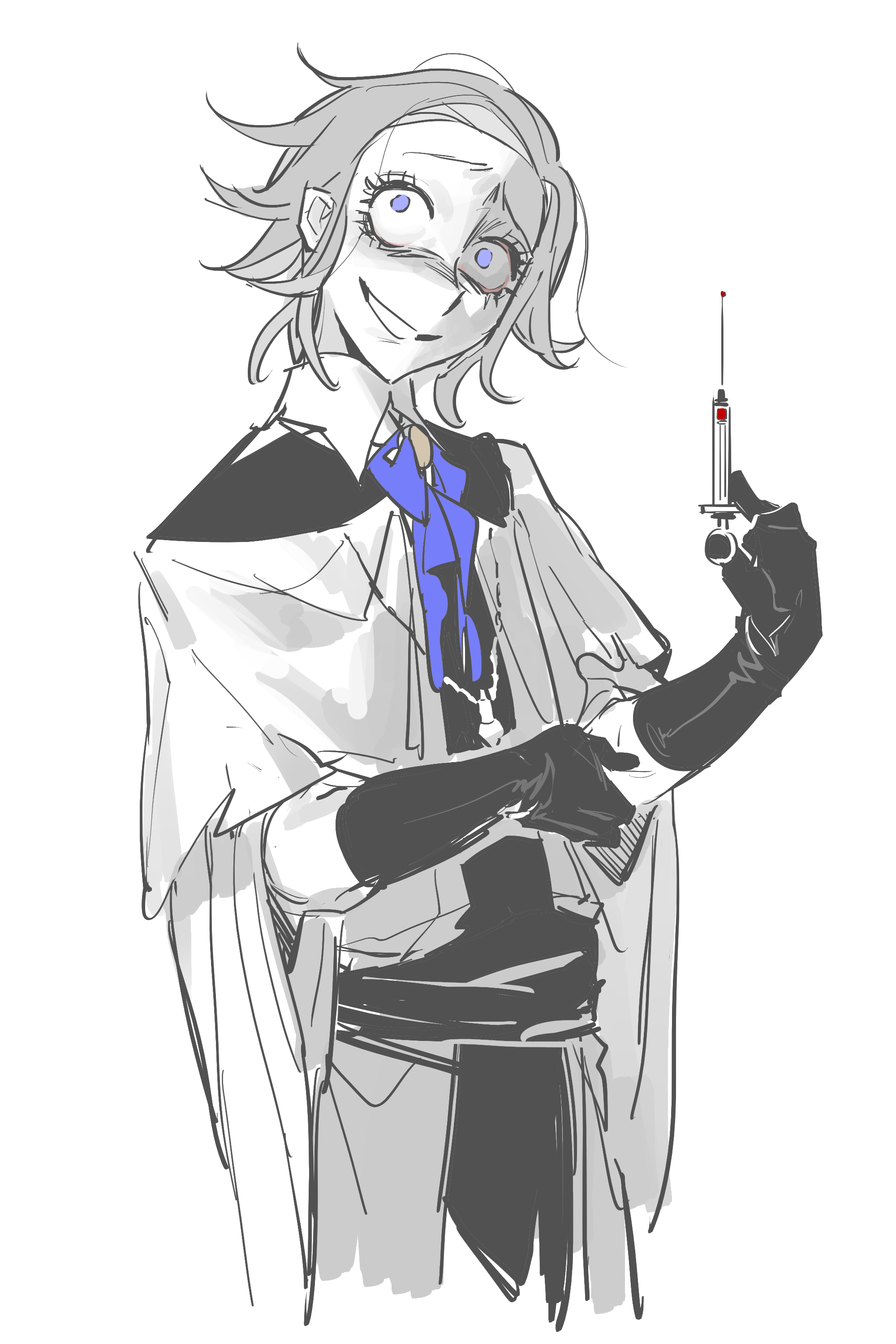 aotsuki eito, the hundred line -last defense academy-, absurdres, chinese commentary, commentary request, highres, 1boy, alternate costume, black gloves, blue ribbon, cloak, crazy, cropped legs, gloves, grey hair, grin, hand on own arm, holding, holding syringe, jewelry, looking up, male focus, neck ribbon, necklace, no eyewear, no pupils, ribbon, shirt, short hair, simple background, sketch, smile, solo, syringe, white background, white cloak, white shirt, wide-eyed, yeshaqianww