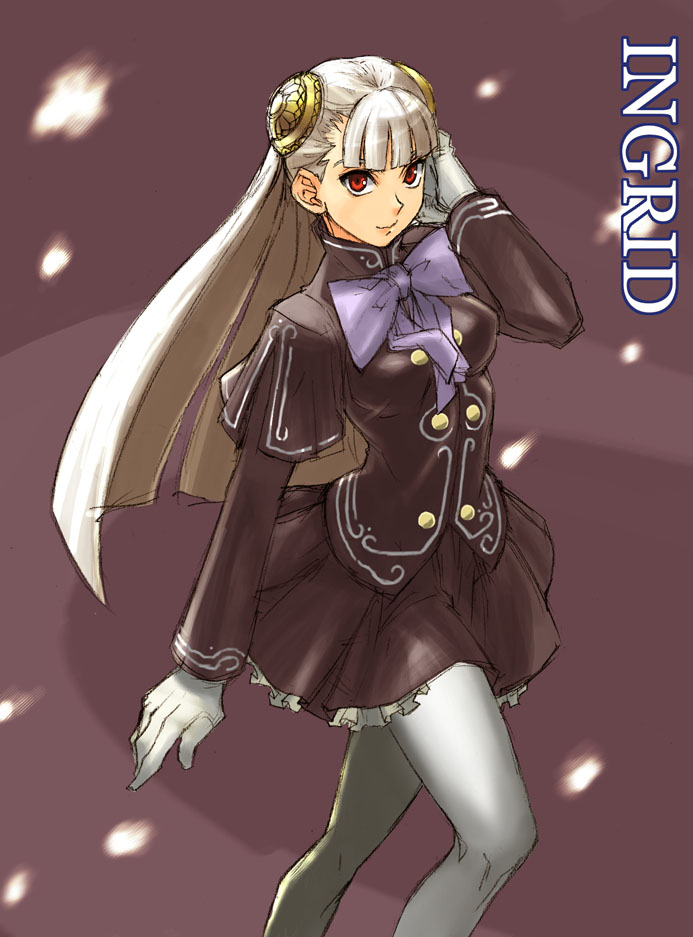 tetsu (kimuchi), ingrid (capcom), capcom, capcom fighting jam, 1girl, character name, female focus, gloves, hairpods, long hair, pantyhose, red eyes, skirt, solo, white hair, white pantyhose