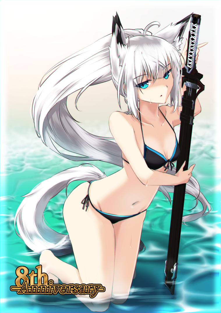 tetsuhige, kawakaze (azur lane), azur lane, 1girl, ahoge, animal ears, anniversary, bikini, black bikini, blue eyes, breasts, cleavage, front-tie bikini top, front-tie top, horse ears, horse tail, katana, long hair, medium breasts, ponytail, side-tie bikini bottom, simple background, solo, swimsuit, sword, tail, water, weapon, white background, white hair