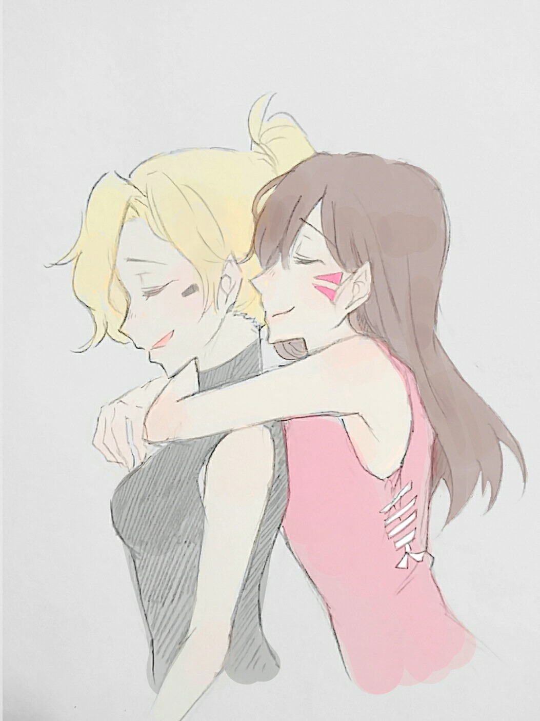 d.va (overwatch), mercy (overwatch), overwatch, overwatch 1, 2girls, black tank top, blonde hair, breasts, brown hair, closed eyes, facial mark, hug, hug from behind, long hair, multiple girls, pink tank top, ponytail, servadakin, sleeveless, tank top, white background, yuri