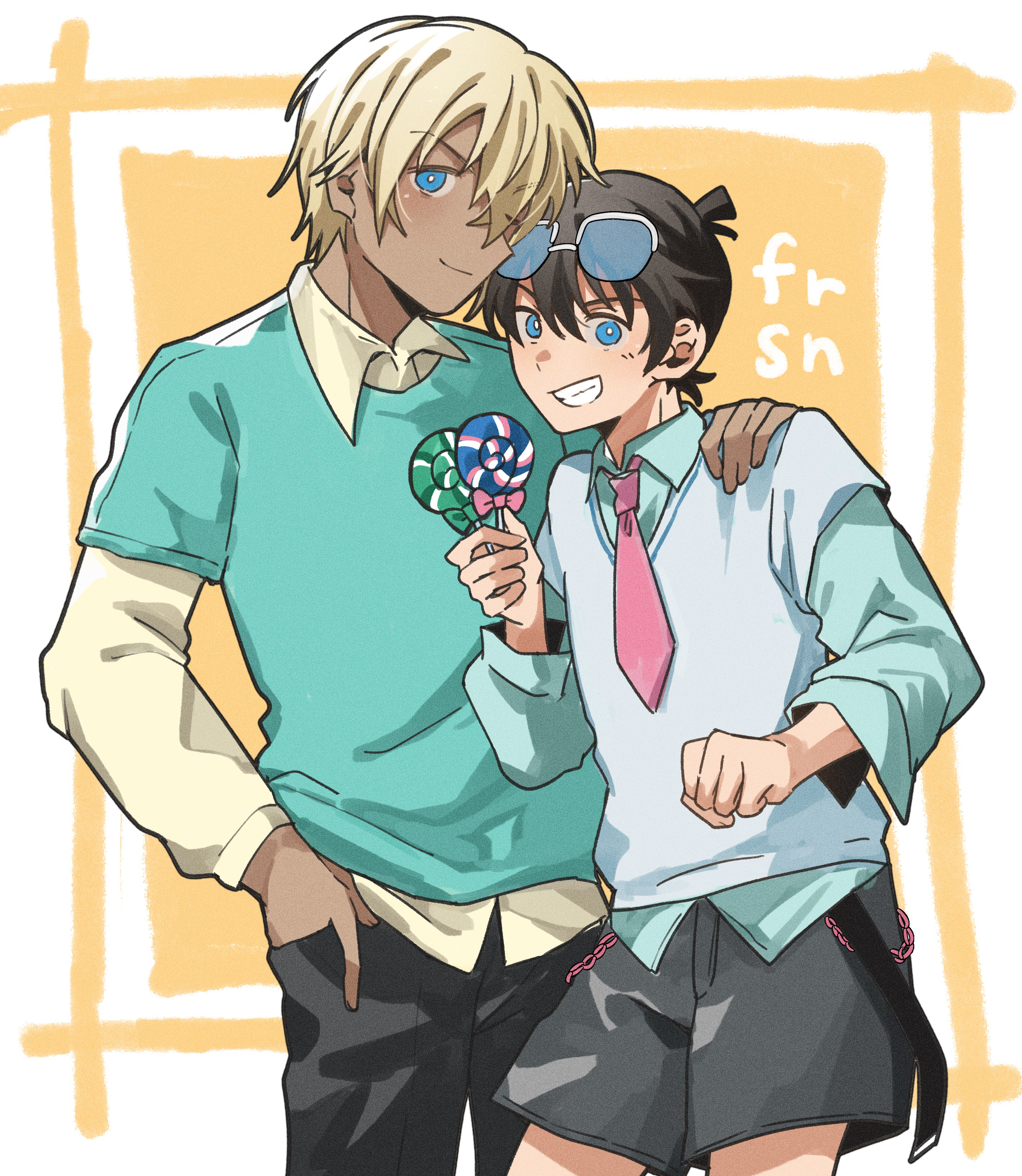 hisin di fushang, amuro tooru, meitantei conan, absurdres, highres, 2boys, black pants, black shorts, blue eyes, brown shirt, candy, cowboy shot, dark-skinned male, dark skin, food, green shirt, grin, holding, holding candy, holding food, holding lollipop, layered sleeves, lollipop, long sleeves, multiple boys, necktie, pants, pink necktie, shirt, short over long sleeves, short sleeves, shorts, smile, sunglasses, teeth
