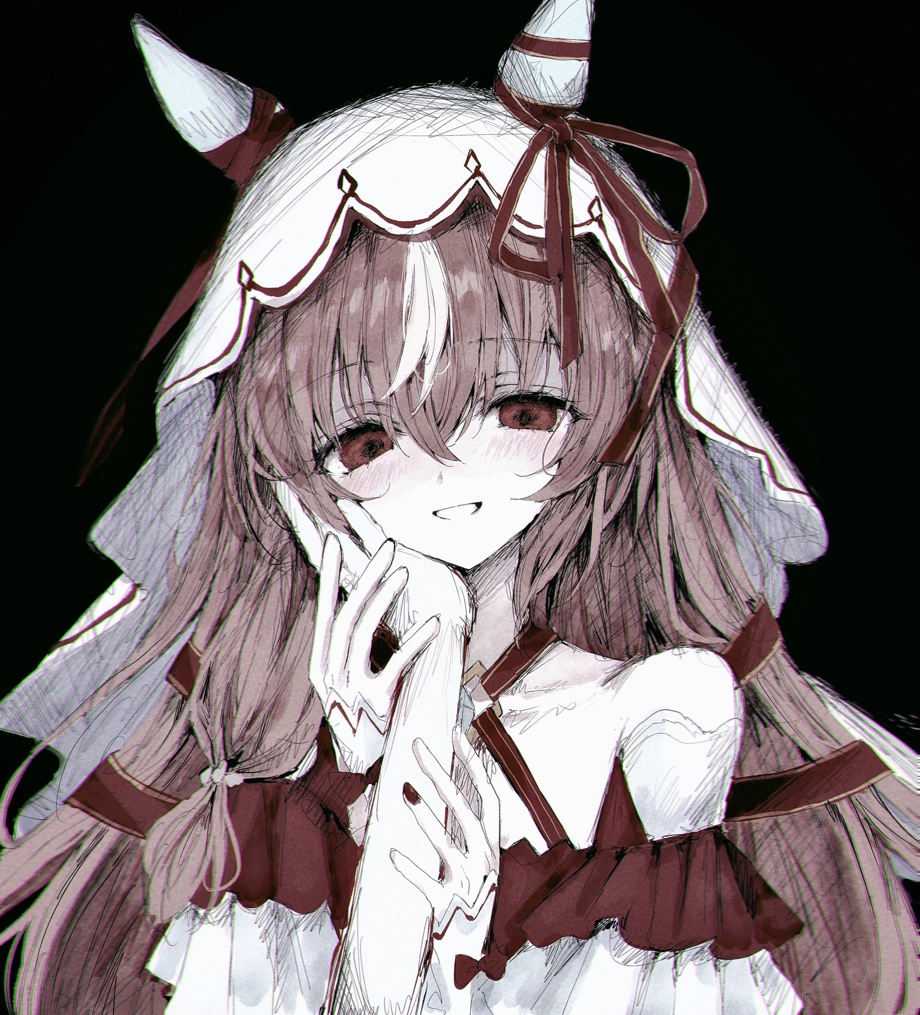 yuyuyuyhz, still in love (umamusume), umamusume, highres, 1girl, 1other, animal ears, black background, blush, brown hair, detached sleeves, grin, hair between eyes, hair ribbon, hand on another's cheek, hand on another's face, horse ears, horse girl, long hair, looking at viewer, pov, red eyes, red ribbon, ribbon, simple background, sketch, smile, solo focus, upper body, veil, white veil, yandere