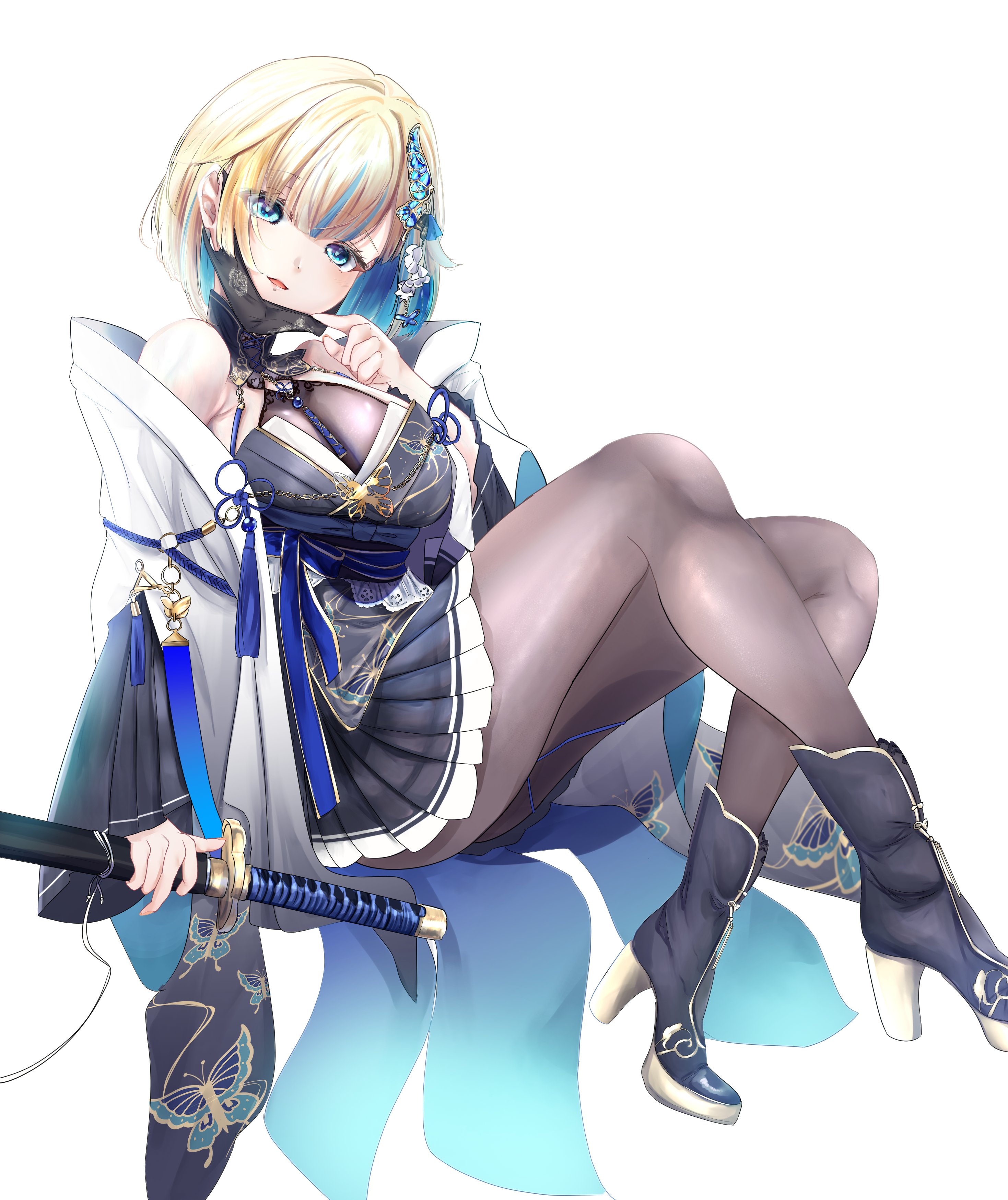 vintorez939, aizawa ema, aizawa ema (5th costume), vspo!, absurdres, highres, animal print, backless kimono, bare shoulders, blonde hair, blue eyes, butterfly hair ornament, butterfly print, colored inner hair, hair ornament, haori, japanese clothes, kimono, kimono dress, long sleeves, multicolored hair, pantyhose, see-through cleavage, see-through clothes, short hair, sword, virtual youtuber, weapon, white haori