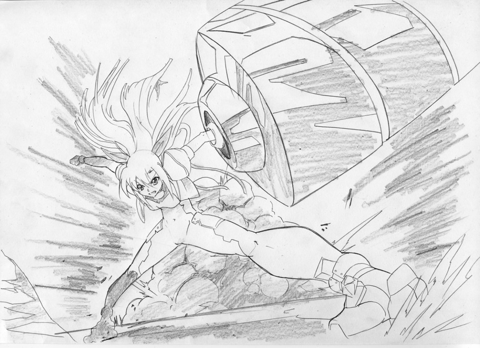 ginga nakajima, revolver knuckle, lyrical nanoha, mahou shoujo lyrical nanoha, mahou shoujo lyrical nanoha strikers, 00s, bodysuit, drill, giga drill break, greyscale, long hair, monochrome, solo