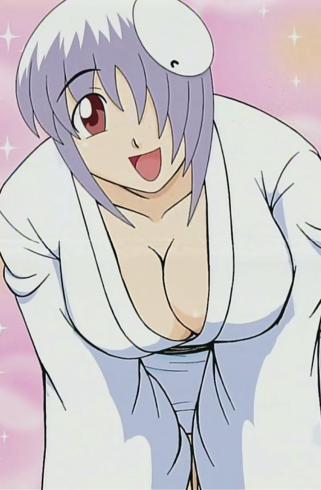 mizore, pugyuru, long image, stitched, tall image, third-party edit, 00s, 1girl, :d, belt, bent over, black belt, black sash, breasts, cleavage, collarbone, female focus, hair ornament, hair over one eye, japanese clothes, kimono, large breasts, open mouth, red eyes, sash, smile, solo, sparkle, sparkle background, star (symbol), star symbol background, white hair, white kimono, yuki onna
