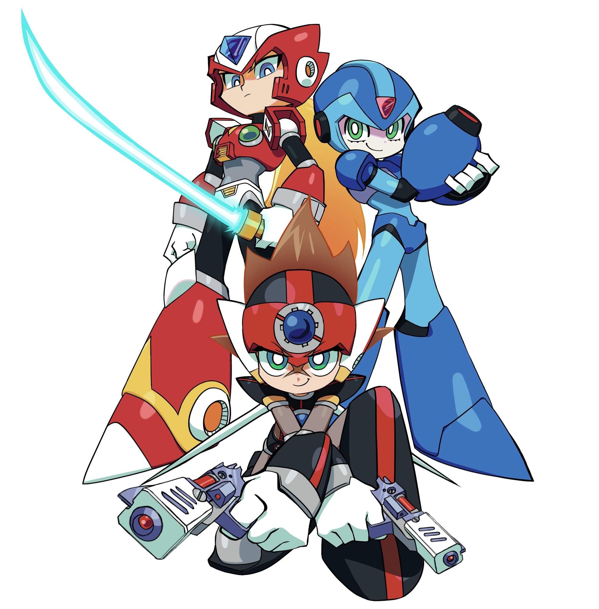 nanhui aria, axl (mega man), x (mega man), zero (mega man), mega man (series), mega man x (series), panty & stocking with garterbelt, highres, 3boys, arm cannon, armor, armored boots, black armor, black helmet, blonde hair, blue armor, blue eyes, blue gemstone, blue helmet, boots, brown hair, energy sword, gem, gloves, green eyes, gun, handgun, headphones, helmet, holding, holding gun, holding own arm, holding sword, holding weapon, jeweled helmet, knee boots, knee pads, looking at viewer, looking down, male focus, mechanical boots, multiple boys, plate armor, red armor, red gemstone, red helmet, serious, shoulder armor, simple background, smile, sword, weapon, white background, white gloves