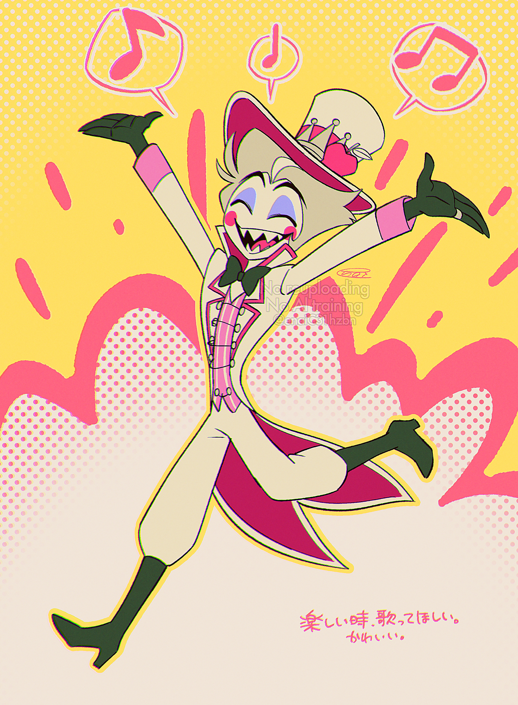 menma (enaic31), lucifer morningstar (hazbin hotel), hazbin hotel, hellaverse, absurdres, commentary request, highres, translation request, 1boy, :d, o/, apple, arms up, black boots, black gloves, black mouth, blonde hair, boots, circle facial mark, coat, colored skin, eyeshadow, fewer digits, food, fruit, full body, gloves, grey background, hair slicked back, halftone, halftone background, hat, high heel boots, high heels, knee boots, lapels, makeup, male focus, musical note, notched lapels, open clothes, open coat, open mouth, outline, outstretched arms, pants, pink background, pink vest, puffy pants, purple eyeshadow, red trim, running, sharp teeth, short hair, signature, simple background, smile, solo, spoken musical note, standing, standing on one leg, striped clothes, striped vest, teeth, tongue, top hat, two-tone vest, vertical-striped clothes, vertical-striped vest, very short hair, vest, watermark, white coat, white hat, white pants, white skin, white vest, yellow background, yellow outline
