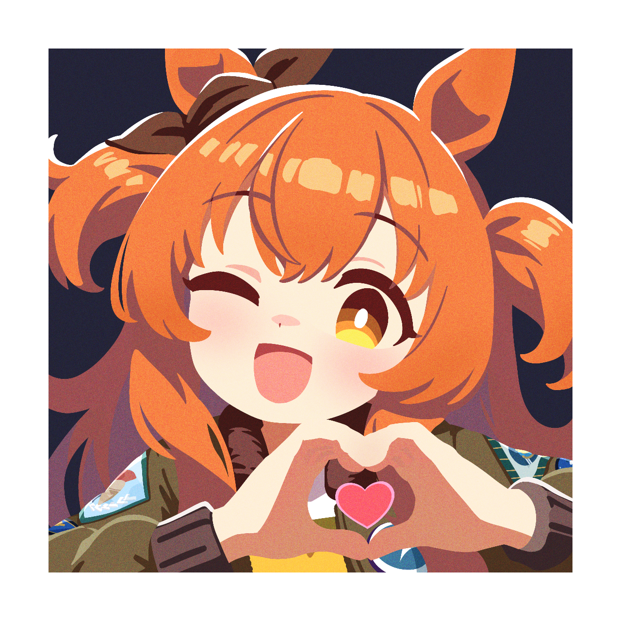 mayano top gun (umamusume), umamusume, highres, 1girl, ;d, animal ears, ear ornament, head tilt, heart, heart hands, horse ears, horse girl, long hair, looking at viewer, no lineart, one eye closed, open mouth, orange eyes, orange hair, sidelocks, smile, solo, two side up, waonaolmao