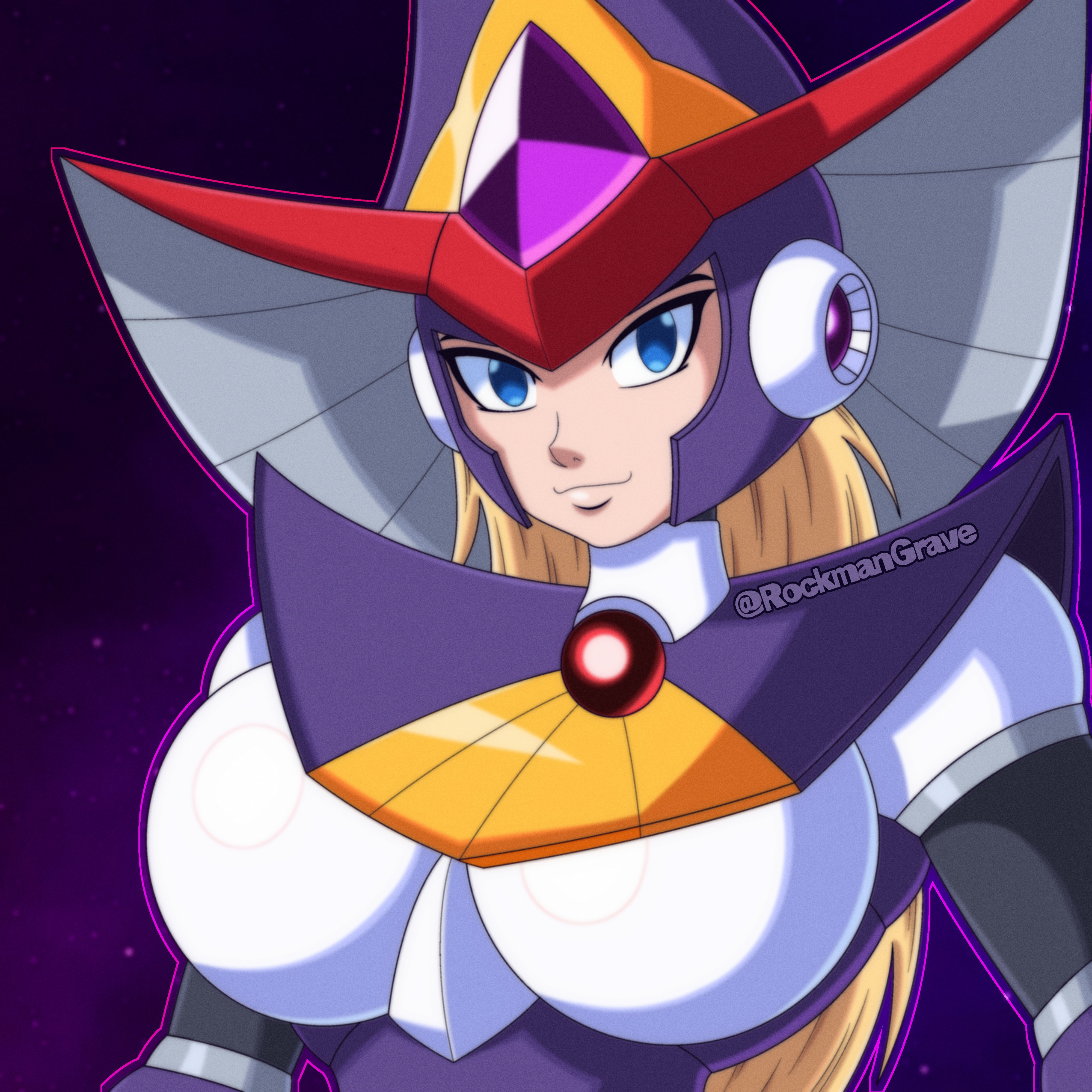 rockmangrave, berkana (mega man), mega man (series), mega man x (series), mega man xtreme 2, absurdres, highres, 1girl, android, armor, black bodysuit, blonde hair, blue eyes, bodysuit, boots, breastplate, breasts, chest jewel, dress, happy, hat, helmet, jeweled hat, joints, large breasts, long dress, plate armor, purple background, purple dress, robot ears, robot girl, robot joints, shoulder armor, shoulder spikes, smile, solo, spikes, turtleneck, wide sleeves, witch, witch hat
