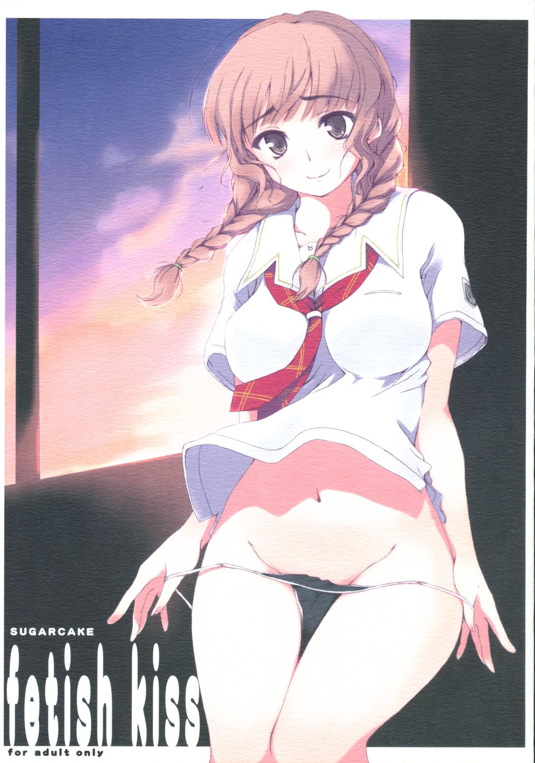 takayoshi, mizusawa mao, kimi kiss, highres, braid, brown eyes, brown hair, navel, necktie, panties, panty pull, school uniform, serafuku, twin braids, underwear, undressing