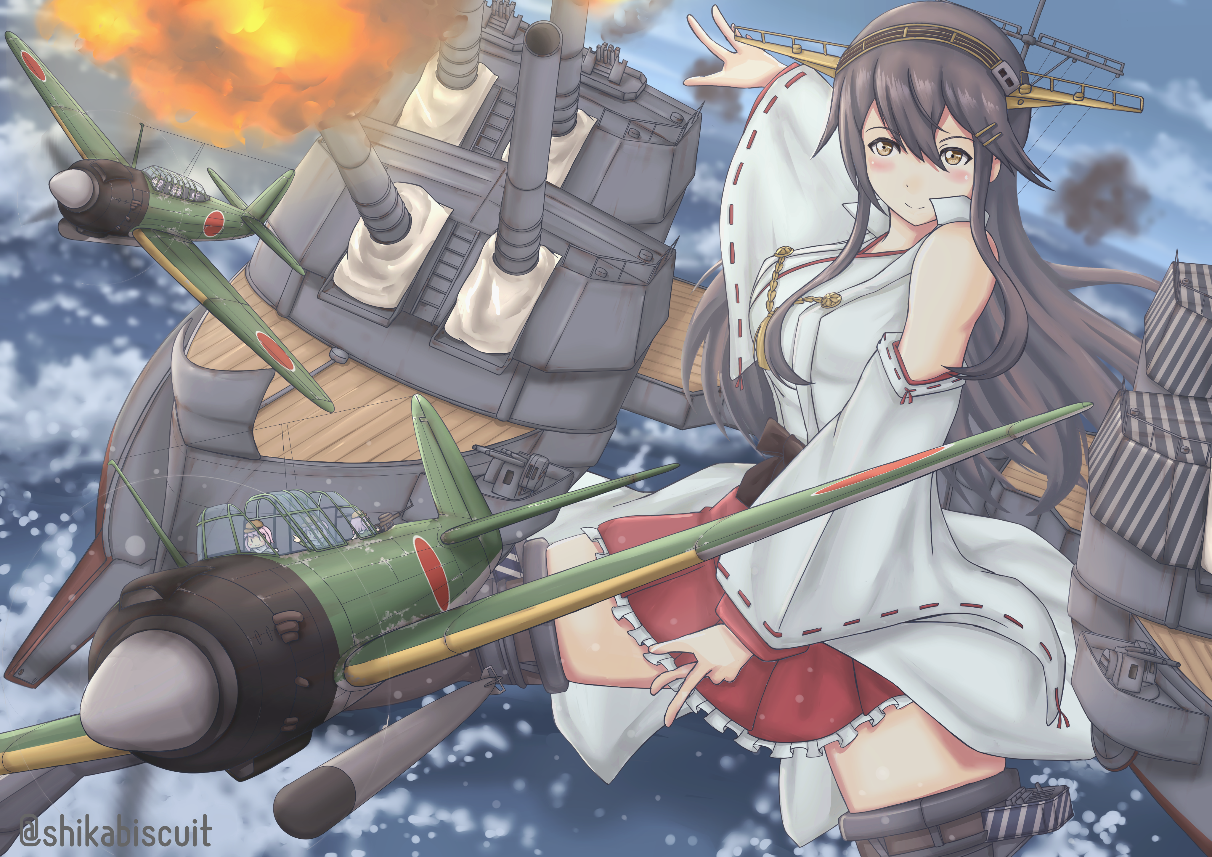 shikabiscuit, fairy (kancolle), haruna (kancolle), kantai collection, absurdres, commentary request, highres, 1girl, aircraft, airplane, anti-aircraft, anti-aircraft gun, b6n tenzan, blush, bomber, breasts, brown thighhighs, detached sleeves, double-parted bangs, firing, frilled skirt, frills, grey hair, hair between eyes, hair ornament, hairband, hairclip, japanese clothes, kimono, large breasts, long hair, long sidelocks, mast, military vehicle, nontraditional miko, parallel hairclips, red skirt, rigging, ship turret, sidelocks, skirt, sleeveless, sleeveless kimono, smile, solo focus, thighhighs, torpedo, torpedo bomber, twitter username, very long hair, white kimono, wide sleeves