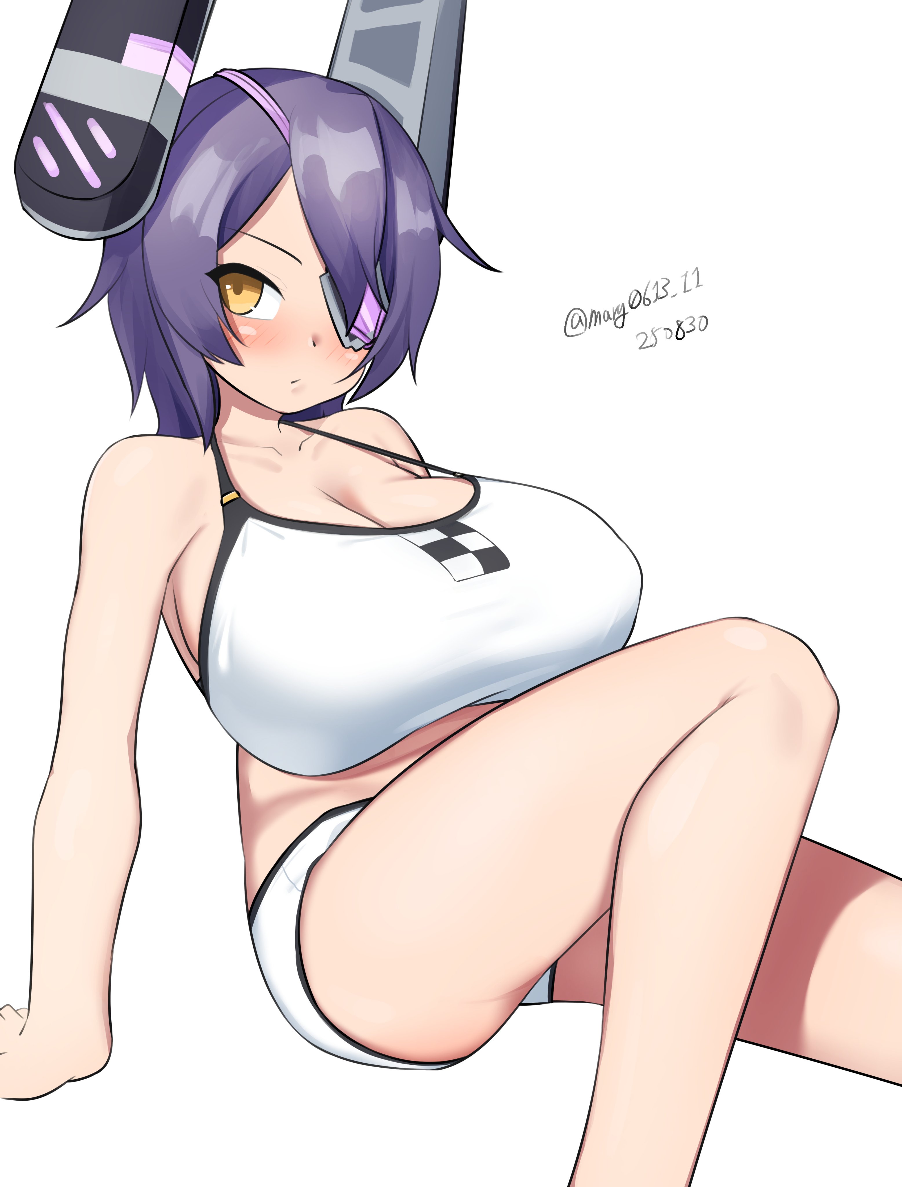 maru (marg0613), tenryuu (kancolle), tenryuu (swimsuit) (kancolle), kantai collection, absurdres, highres, 1girl, bikini, breasts, cleavage, dated, eyepatch, feet out of frame, headgear, invisible chair, large breasts, official alternate costume, one-hour drawing challenge, purple hair, short hair, sitting, solo, sports bikini, swimsuit, twitter username, white bikini, yellow eyes
