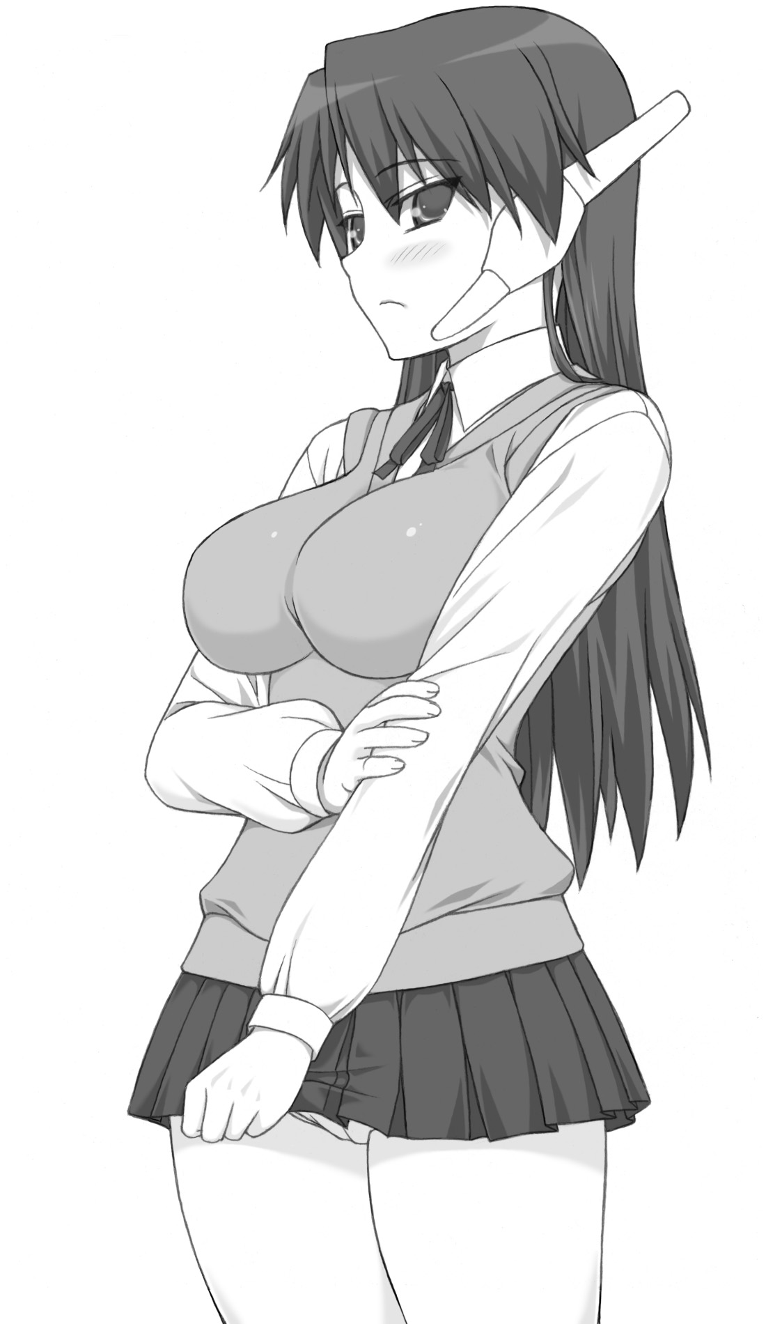 shichimenchou, serio (to heart), to heart, to heart (series), highres, 1girl, breasts, female focus, greyscale, large breasts, long hair, monochrome, school uniform, serafuku, skirt, solo