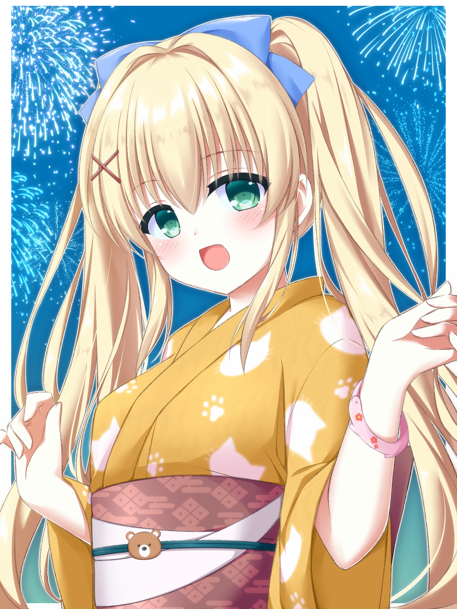 asagi nanami, tsumugi wenders, summer pockets, commentary request, highres, variant set, 1girl, :d, aerial fireworks, alternate costume, animal print, blonde hair, blue bow, blush, border, bow, cat print, festival, fireworks, green eyes, hair between eyes, hair bow, hair intakes, hair ornament, hands up, happy, japanese clothes, kimono, long hair, long sleeves, looking at viewer, night, open mouth, outdoors, outline, outside border, paw print, print kimono, sidelocks, smile, solo, straight hair, twintails, upper body, very long hair, white border, white outline, wide sleeves, x hair ornament, yellow kimono