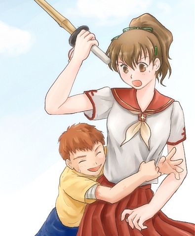 emiya shirou, fujimura taiga, fate/stay night, fate (series), lowres, 00s, aged down, child, hug, kendo, ponytail, school uniform, serafuku, shinai, sword, weapon