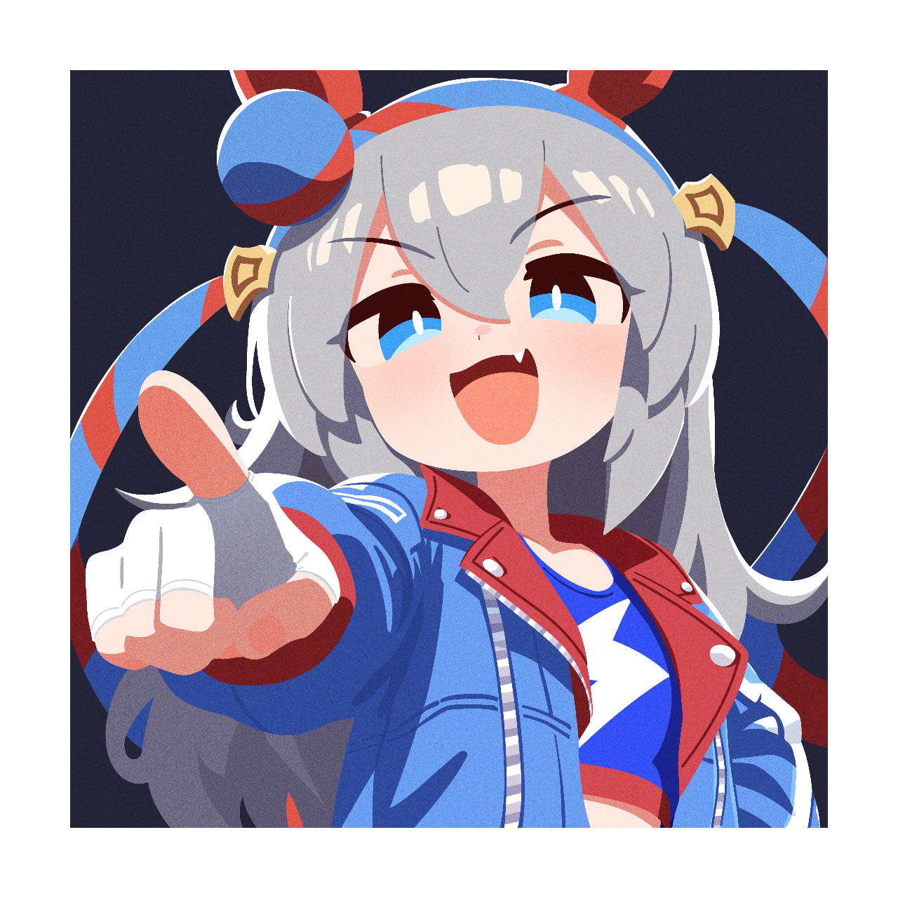 tamamo cross (umamusume), umamusume, highres, 1girl, animal ears, blue eyes, blue hairband, blue jacket, blue shirt, cropped shirt, double-parted bangs, ear covers, fang, fingerless gloves, gloves, grey hair, hair between eyes, hairband, horse ears, horse girl, jacket, long hair, looking at viewer, no lineart, open mouth, pointing, pointing at viewer, shirt, smile, solo, v-shaped eyebrows, waonaolmao, white gloves