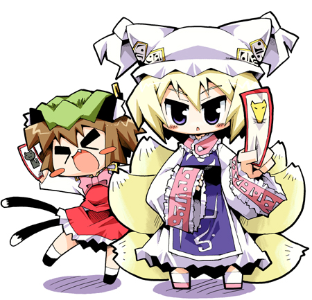 herada mitsuru, chen, yakumo ran, touhou, lowres, > <, 2girls, animal ears, animal hat, blonde hair, blue eyes, blush stickers, brown hair, cat ears, cat girl, cat tail, chibi, closed eyes, earrings, fang, female focus, fox tail, hat, jewelry, long sleeves, mob cap, multiple girls, multiple tails, short hair, tail, tassel, white background, wide sleeves