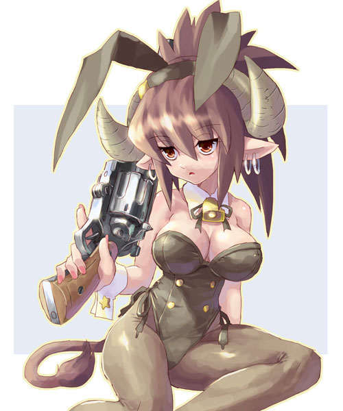 katahira masashi, original, 1girl, :<, animal ears, bell, breasts, brown eyes, brown hair, cleavage, cow ears, cow girl, d:, earrings, fake animal ears, female focus, gun, handgun, horns, jewelry, jitome, large breasts, leotard, open mouth, pantyhose, playboy bunny, pointy ears, rabbit ears, revolver, sitting, solo, tail, weapon, wrist cuffs
