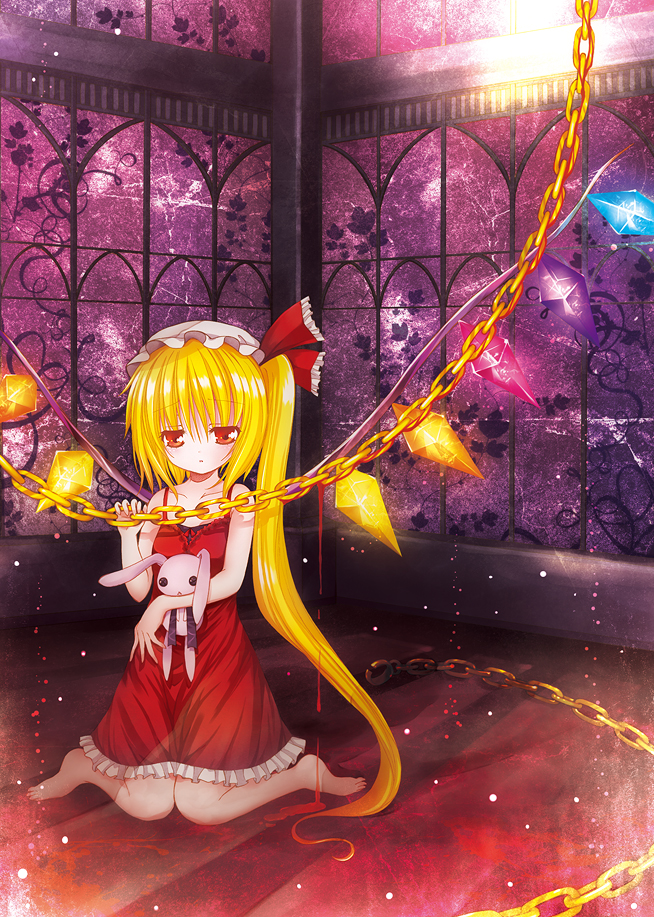 catbell, flandre scarlet, touhou, 1girl, alternate costume, bare arms, barefoot, blood, chain, female focus, hat, hat ribbon, kneeling, long hair, mob cap, ribbon, solo, stuffed animal, stuffed rabbit, stuffed toy, very long hair, wings