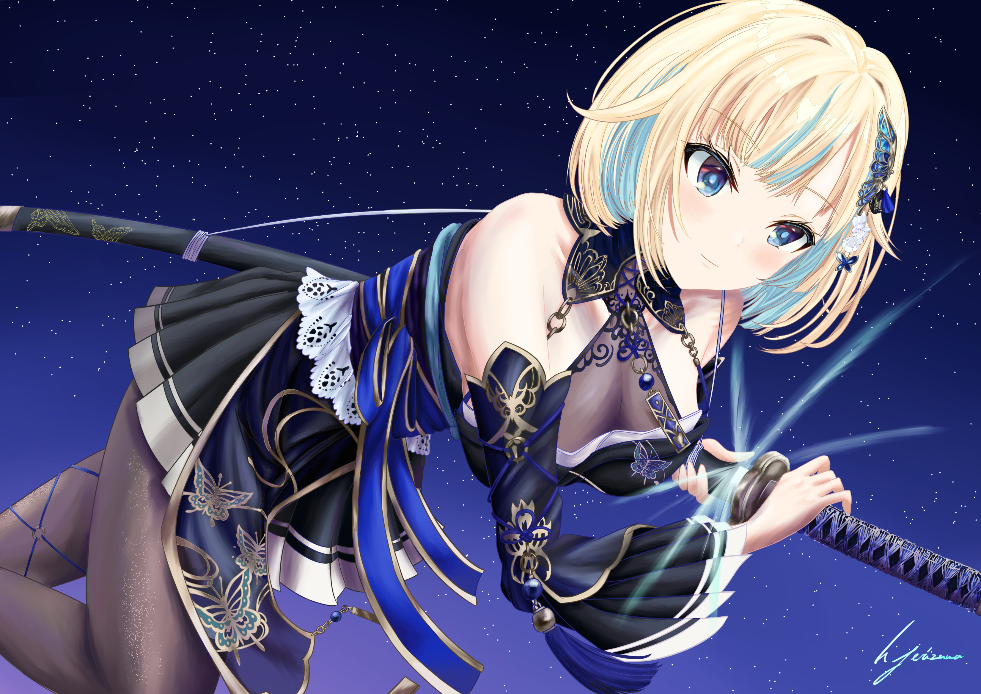 aizawa ema, aizawa ema (5th costume), vspo!, absurdres, highres, animal print, backless kimono, bare shoulders, blonde hair, butterfly hair ornament, butterfly print, colored inner hair, hair ornament, japanese clothes, kimono, kimono dress, multicolored hair, pantyhose, see-through cleavage, see-through clothes, short hair, sword, virtual youtuber, weapon