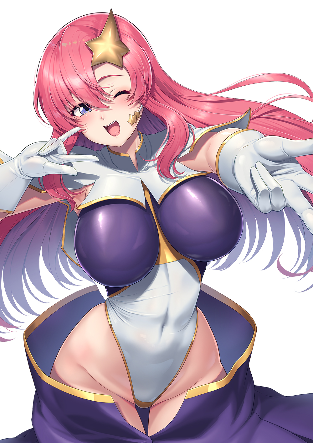hassen (8cm), meer campbell, gundam, gundam seed, gundam seed destiny, highres, 1girl, breasts, capelet, gloves, hair ornament, headset, highleg, highleg leotard, impossible clothes, impossible leotard, large breasts, leotard, long hair, looking at viewer, microphone, multicolored leotard, open mouth, pink hair, purple eyes, purple skirt, simple background, skirt, solo, star (symbol), star hair ornament, thigh gap, white background, white capelet, white gloves, white leotard