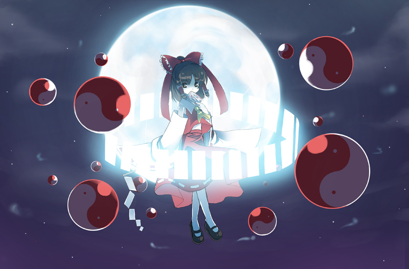 omiso, omiso (omiso), hakurei reimu, touhou, 1girl, ascot, bow, brown hair, detached sleeves, female focus, floating, full moon, glowing, gohei, hair bow, hair tubes, looking at viewer, moon, night, ofuda, solo, wide sleeves, yin yang