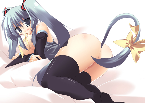 nitoki, hatsune miku, vocaloid, anal tail, black thighhighs, bow, cow tail, detached sleeves, fake tail, green hair, long hair, no panties, short twintails, solo, tail, tail bow, tail ornament, thighhighs, twintails