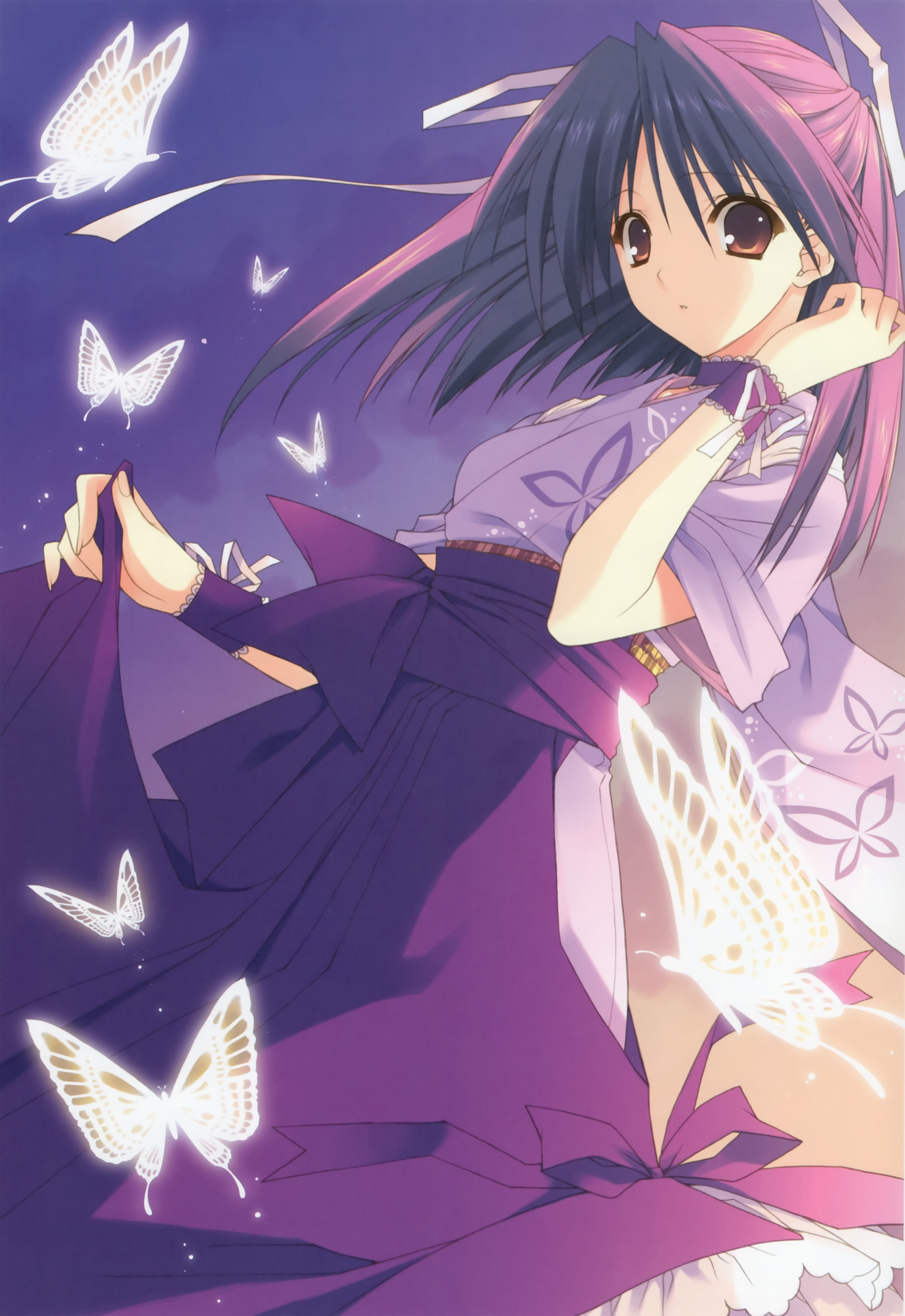 suzuhira hiro, eclair (ne~pon? x rai pon!), ne~pon? x rai pon!, absurdres, highres, bug, butterfly, choker, hair ribbon, insect, japanese clothes, purple eyes, purple hair, ribbon, solo, wrist cuffs