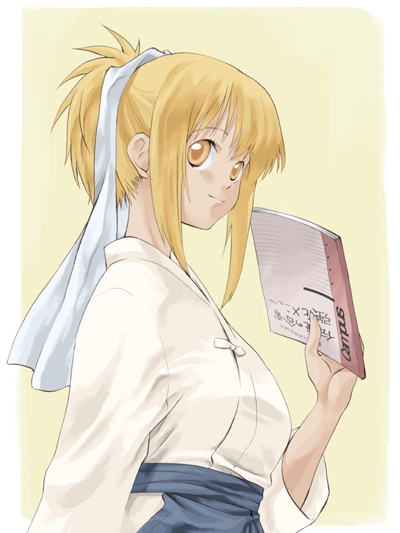 takano natsuki, chiba kirino, bamboo blade, 00s, 1girl, belt, blonde hair, blue skirt, border, female focus, folder, hairband, holding, japanese clothes, kimono, long sleeves, looking at viewer, miko, notebook, pelvic curtain, ponytail, sidelocks, simple background, skirt, solo, upper body, yellow background, yellow eyes