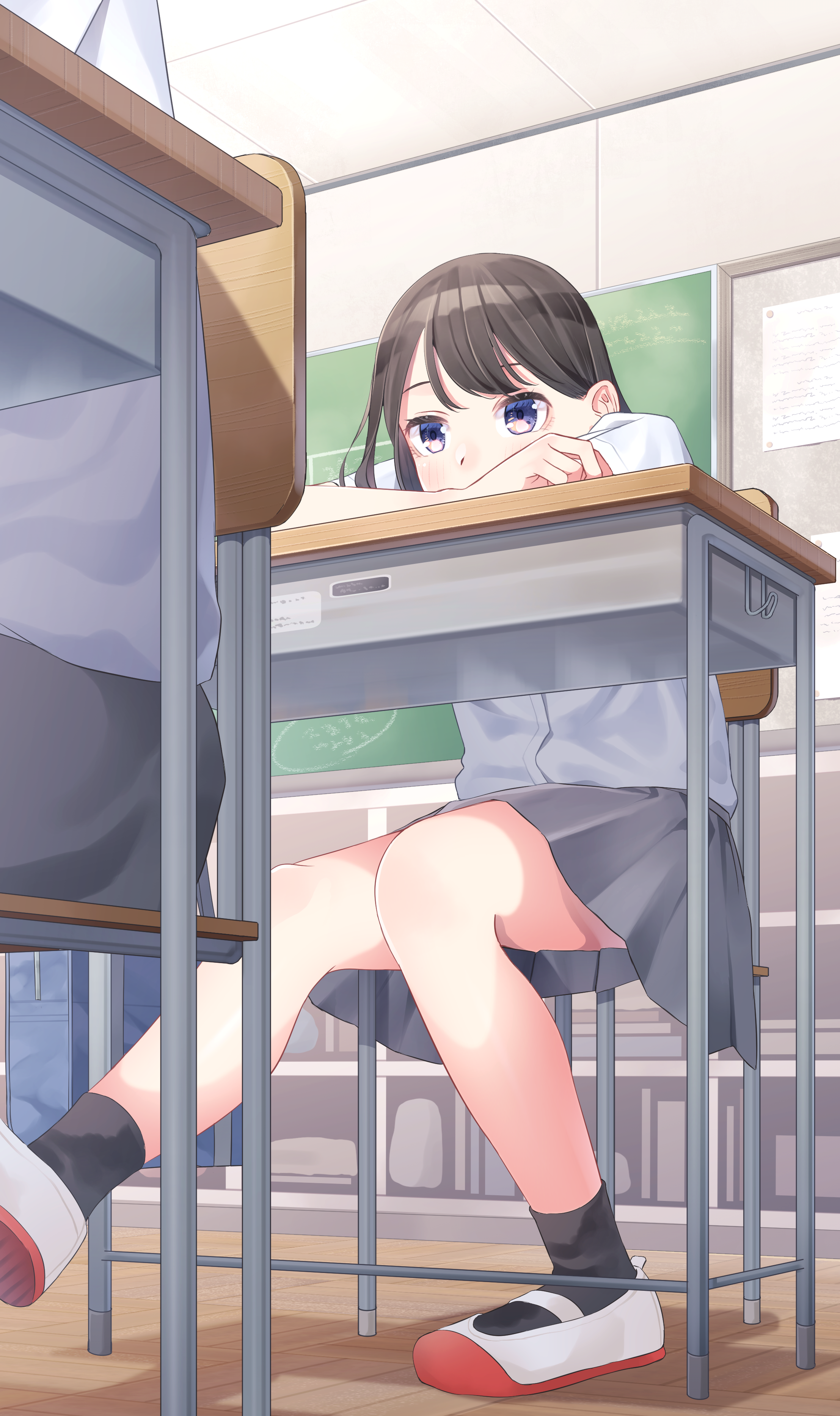 12 graka, original, absurdres, commentary request, highres, 1girl, 1other, ankle socks, arm rest, black hair, black socks, chair, chalkboard, classroom, desk, foot out of frame, grey skirt, head rest, indoors, long hair, on chair, purple eyes, school chair, school desk, school uniform, shirt, shoes, short sleeves, sitting, skirt, socks, solo focus, uwabaki, white shirt, white shoes