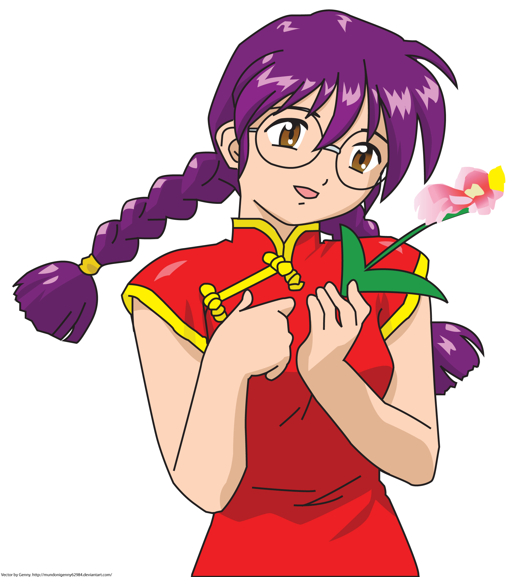 ri kouran, sakura taisen, derivative work, highres, tagme, vector trace, 00s, brown eyes, chinese clothes, glasses, purple hair, simple background, solo, twintails, upper body, white background