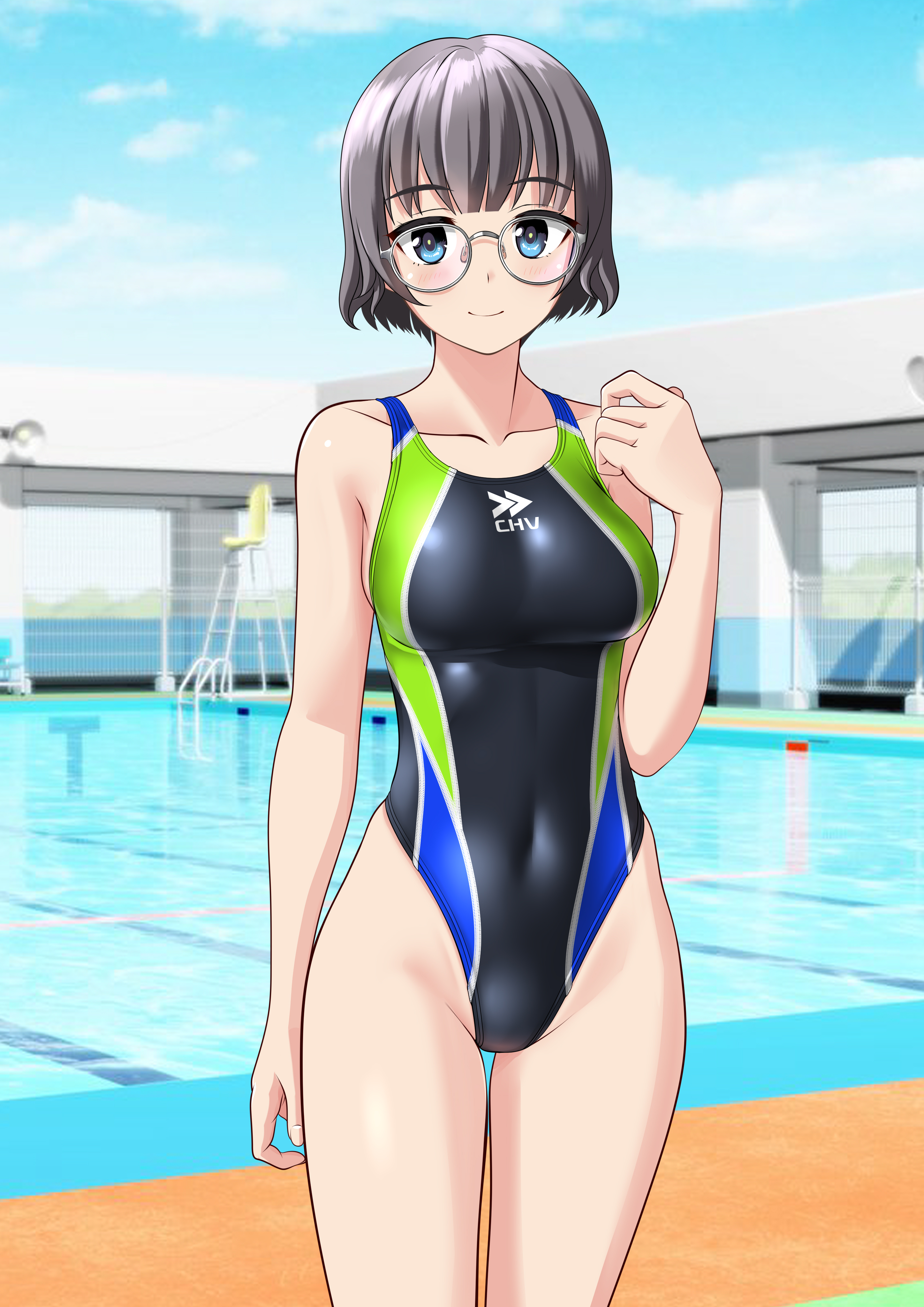 takafumi, original, absurdres, commentary request, highres, 1girl, arm at side, black hair, black one-piece swimsuit, blue eyes, blue sky, breasts, chair, cloud, competition swimsuit, covered navel, cowboy shot, day, glasses, highleg, highleg one-piece swimsuit, lifeguard chair, looking at viewer, medium breasts, multicolored swimsuit, one-piece swimsuit, outdoors, pool, short hair, sky, solo, standing, swimsuit, thigh gap