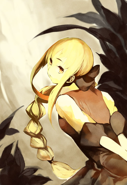 ky (artist), original, bad id, bad pixiv id, 1girl, arms behind back, back, blonde hair, braid, brown eyes, female focus, looking at viewer, looking back, outdoors, short sleeves, single braid, solo, v arms