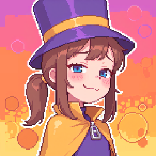 casytay, hat kid, a hat in time, commentary, english commentary, lowres, 1girl, blue eyes, brown hair, cape, hat, looking at viewer, smile, solo