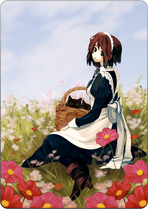 siro (asteblanc), original, bad id, bad pixiv id, 1girl, apron, basket, blue eyes, boots, bow, brown hair, cat, female focus, field, flower, flower field, large bow, looking back, maid, maid apron, maid headdress, rounded corners, short hair, sitting, solo
