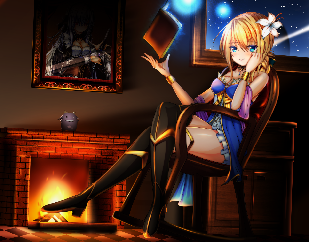 aneten, le fay lore, emil chronicle online, 1girl, bare shoulders, black boots, blonde hair, blue dress, blue eyes, book, boots, breasts, chair, crossed legs, dress, fireplace, flower, frilled dress, frills, from side, gold wrist cuffs, hair flower, hair ornament, indoors, large breasts, long sidelocks, night, night sky, on chair, painting (object), sidelocks, sky, sleeveless, sleeveless dress, solo, thigh boots, thighs