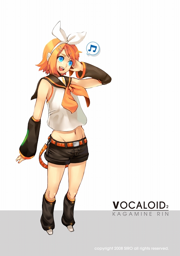 siro (asteblanc), kagamine rin, vocaloid, bad id, bad pixiv id, 1girl, aqua eyes, beamed quavers, blonde hair, blue eyes, bow, character name, copyright name, copyright notice, female focus, groin, hair bow, hand on own ear, musical note, navel, open mouth, short hair, simple background, smile, solo, speech bubble, spoken musical note