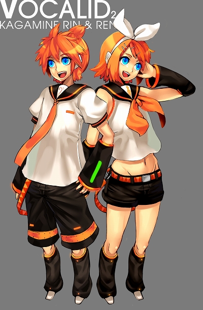 siro (asteblanc), kagamine len, kagamine rin, vocaloid, bad id, bad pixiv id, 1boy, 1girl, bass clef, blonde hair, blue eyes, brother and sister, detached sleeves, navel, necktie, siblings, treble clef, twins